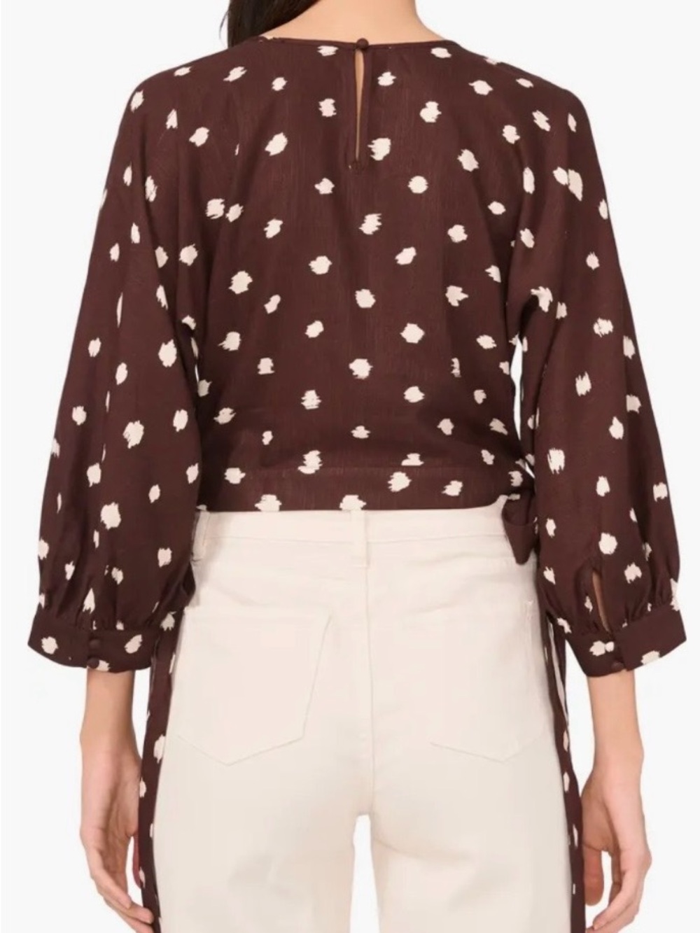 1.STATE Polka Dot Brown & White Side Ties Cropped Rayon Linen Top Size XS - Picture 10 of 12